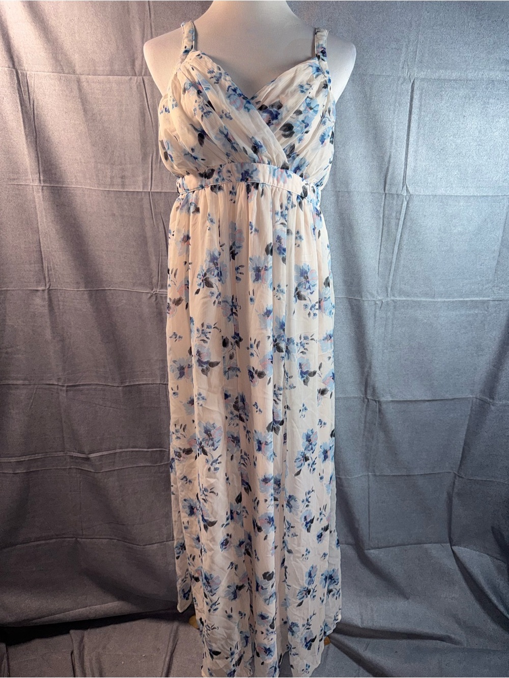 2161-Motherhood White Maxi Dress with Blue Floral Print